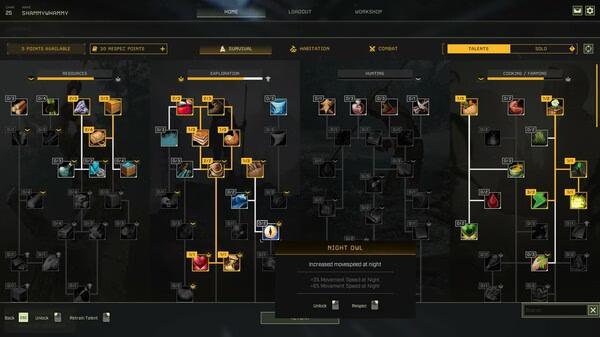 Screenshot from ICARUS showing a skill tree interface, highlighting the 'Night Owl' talent with detailed stats and unlock options.