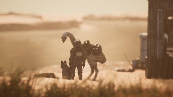 A player in armor stands with a dog and a large bird in a desert landscape in this ICARUS game screenshot.