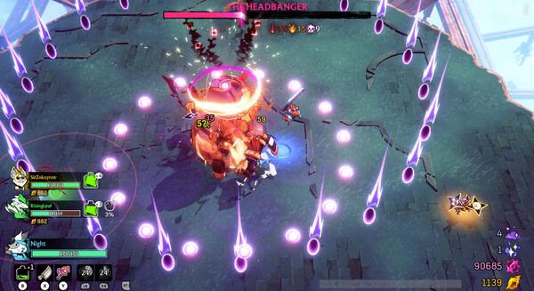 Screenshot from Windblown showing players battling a large mechanical boss surrounded by glowing orbs on a stone platform.