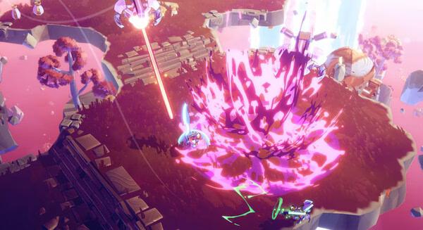 Screenshot from Windblown showing a character dodging a laser while purple energy erupts nearby on a floating island.