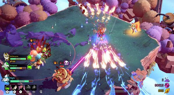 Screenshot from the game Windblown featuring an intense battle on a floating island with vibrant, colorful attacks and characters.