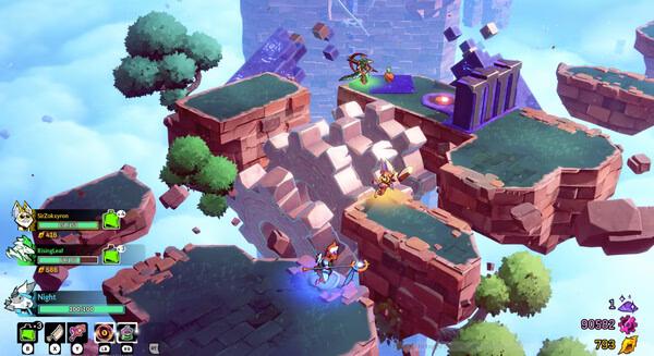 Screenshot from Windblown showing characters battling on floating platforms amidst clouds and ruins, with health bars visible.