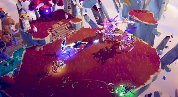 Windblown screenshot: Players battle vibrant creatures on a floating island with glowing weapons and colorful effects in a fantasy setting.