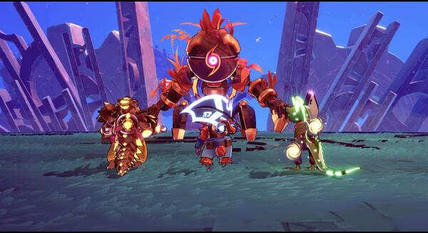 Screenshot of Windblown showing four armored characters facing a glowing, spiral-eyed boss in a vibrant, alien landscape.