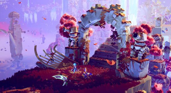 Screenshot from 'Windblown' showing two armored characters near a stone archway with red foliage and floating islands.