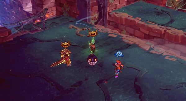 Screenshot of Windblown game showing three characters and a creature in a vibrant, ruined courtyard setting.