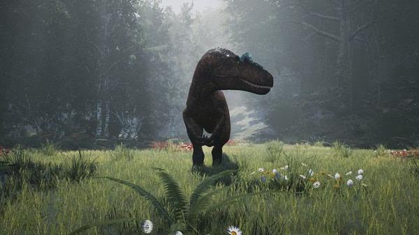 A dinosaur stands in a grassy field surrounded by trees in this screenshot from the game "The Isle".