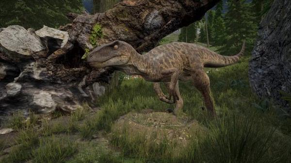 Screenshot from The Isle showing a dinosaur standing in a lush forest environment with fallen trees and greenery surrounding it.