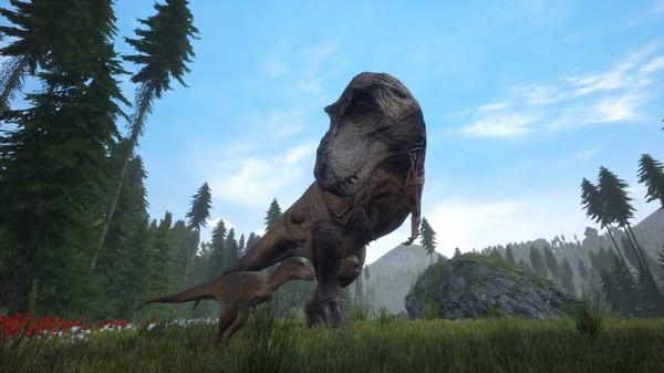 Screenshot from The Isle showing a T-Rex standing in a lush forest landscape under a blue sky.