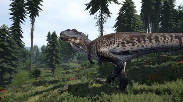 Screenshot from The Isle shows a dinosaur walking through a lush forest with tall trees and green vegetation.