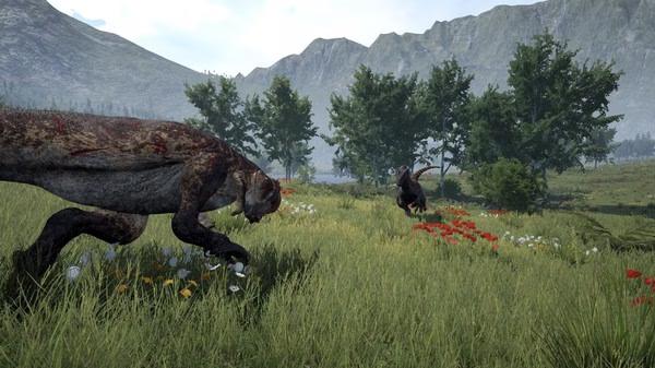 A screenshot from The Isle showing two dinosaurs in a grassy field, one covered in blood, with trees and mountains in the background.