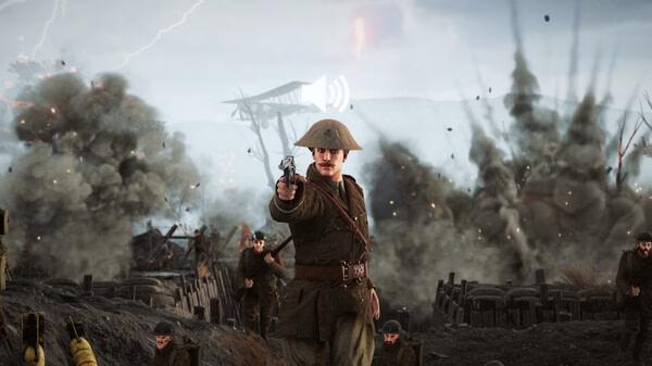 A Holdfast: Nations At War screenshot showing a soldier aiming a pistol amidst a battlefield with explosions and soldiers.