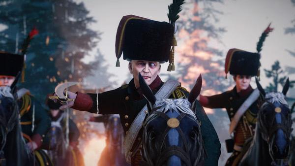 Holdfast: Nations At War screenshot showing cavalry soldiers in uniform riding horses amidst fiery battle scenery.
