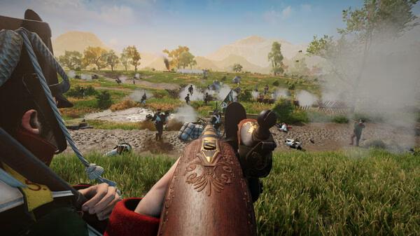 Screenshot from Holdfast: Nations At War; players engage in a battle on a grassy field, with smoke and gunfire visible.