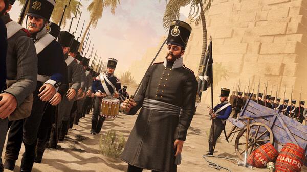 Screenshot from Holdfast: Nations At War showing soldiers in uniform marching with a drum under a sunny sky near a wagon.