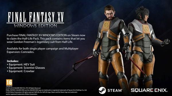 Screenshot from FINAL FANTASY XV WINDOWS EDITION showing characters in Half-Life suits. Text details in-game items and Steam availability.