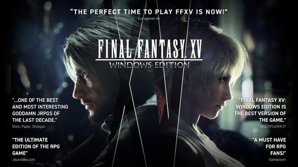 Screenshot of FINAL FANTASY XV WINDOWS EDITION title screen featuring characters Noctis and Lunafreya with promotional text.