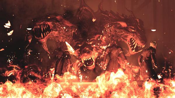 FINAL FANTASY XV WINDOWS EDITION screenshot: Four characters face a fiery three-headed creature in a dramatic battle scene.