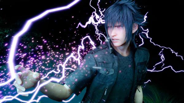 A screenshot from FINAL FANTASY XV WINDOWS EDITION showing a character surrounded by glowing purple lightning effects.