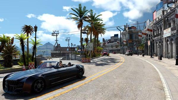 Car drives along a sunny coastal road lined with palm trees in a FINAL FANTASY XV WINDOWS EDITION screenshot.