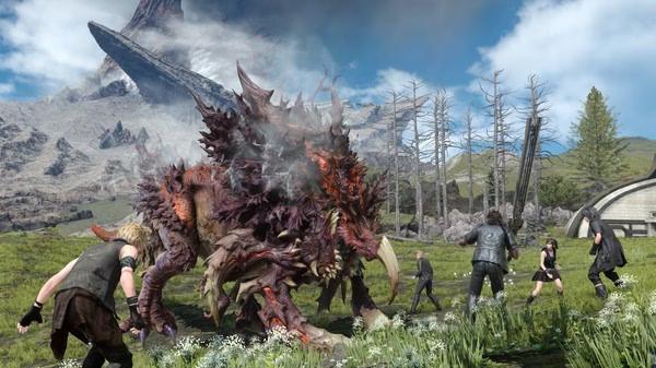 A screenshot from FINAL FANTASY XV WINDOWS EDITION showing characters battling a large, spiky creature in a grassy landscape.