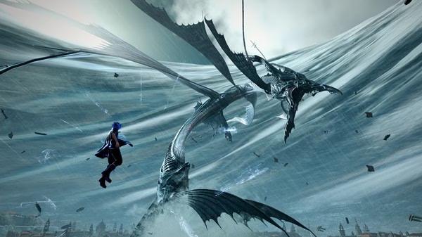 FINAL FANTASY XV WINDOWS EDITION screenshot: Character confronts a colossal dragon-like creature amidst swirling storm clouds.