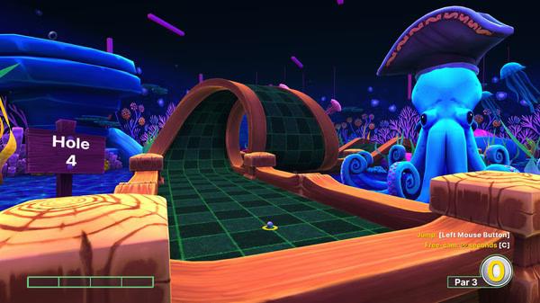 Screenshot from 'Golf With Your Friends': A colorful course with a loop and neon elements on Hole 4, set in a whimsical, underwater-themed environment.