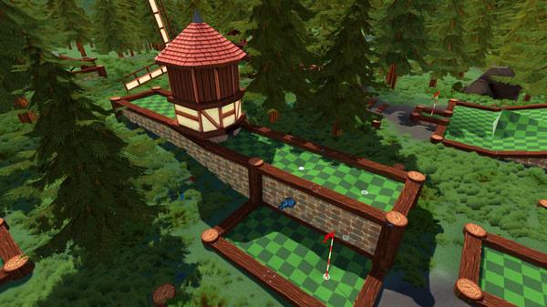 Golf With Your Friends screenshot: A scenic mini-golf course with checkered greens, surrounded by lush trees and a rustic windmill.