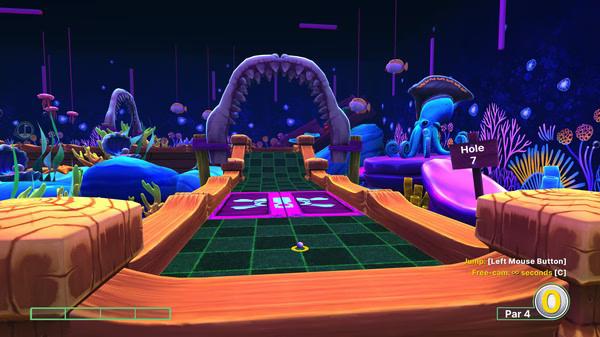 Screenshot from 'Golf With Your Friends' showing a colorful underwater-themed course with a giant shark mouth obstacle.