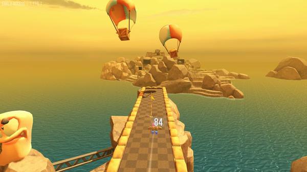 Screenshot from Golf With Your Friends showing a golf course on an island with hot air balloons in a sunset sky.