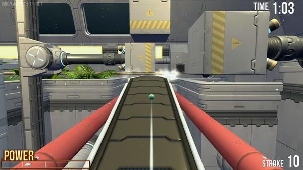 Screenshot from Golf With Your Friends showing a golf ball on a futuristic course with red rails and mechanical obstacles.