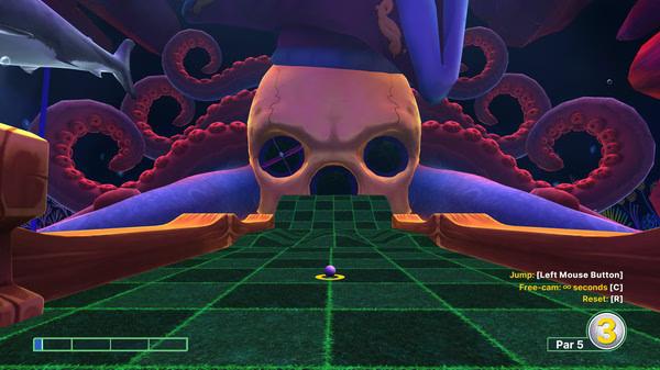 Screenshot from 'Golf With Your Friends' showing a mini-golf ball aiming toward a giant octopus skull obstacle on a vibrant course.