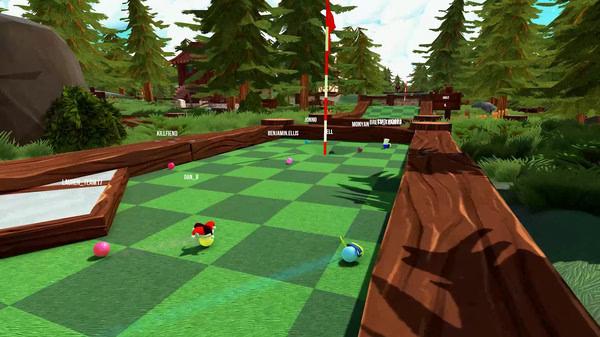 Screenshot from Golf With Your Friends showcasing a mini-golf course with several colorful golf balls near the hole amid a forest setting.