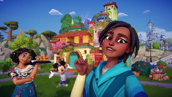 A screenshot of Disney Dreamlight Valley shows characters in front of a colorful house, with Mickey Mouse in the background.