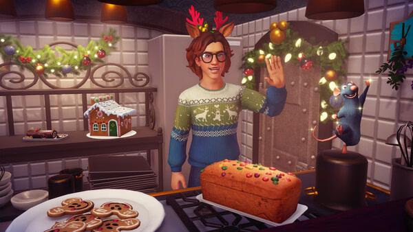A player wearing reindeer antlers prepares festive food beside Remy in Disney Dreamlight Valley. Screenshot of in-game kitchen scene.
