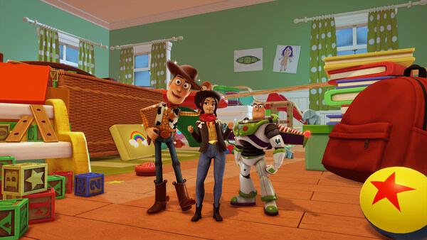 Screenshot from Disney Dreamlight Valley showing three characters standing in a colorful toy-filled room with a red backpack.
