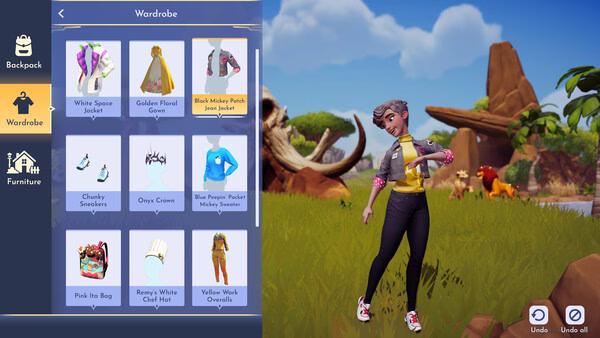 Disney Dreamlight Valley screenshot showing a character posing outdoors beside a menu displaying wardrobe customization options.