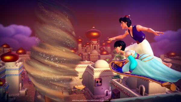 Screenshot from Disney Dreamlight Valley showing two characters flying on a magic carpet above a city with a swirling sandstorm nearby.