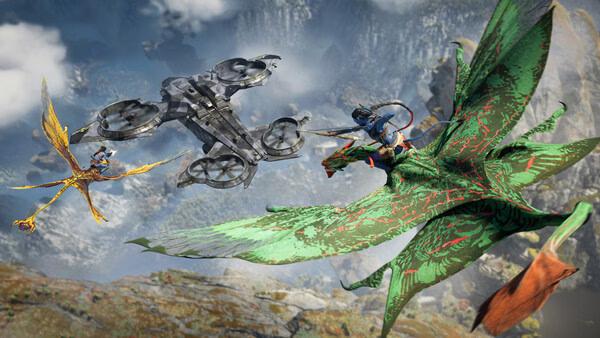Screenshot from Avatar: Frontiers of Pandora showing two characters flying on colorful creatures beside a futuristic aircraft.