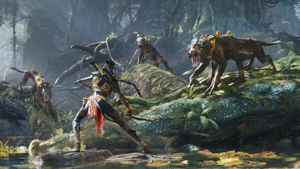 A screenshot from Avatar: Frontiers of Pandora shows a character facing off against three alien creatures in a lush, forested landscape.