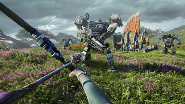 Screenshot from Avatar: Frontiers of Pandora showing a player aiming a bow at approaching mechanical creatures in a lush, alien landscape.