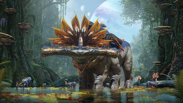 Screenshot of Avatar: Frontiers of Pandora. A large, colorful creature stands in a lush, alien forest with smaller creatures nearby.