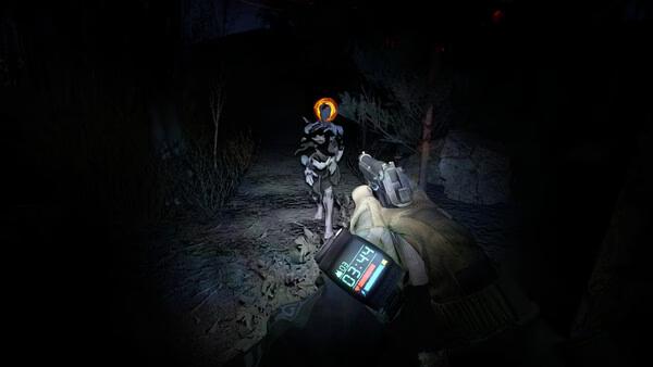 Screenshot from Into the Radius 2 showing a player aiming a weapon at a creature in a dark, eerie forest environment.