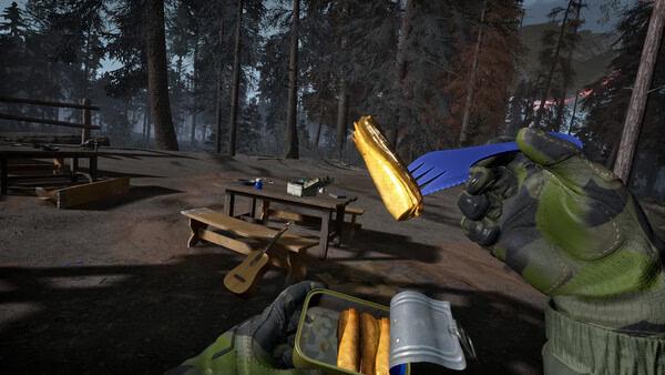 Into the Radius 2 screenshot: A gloved hand holding a fork and canned food in a forest campsite with benches and a guitar.