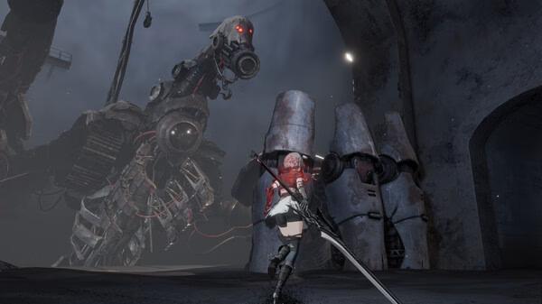 AI LIMIT screenshot: A character with a sword faces a towering mechanical creature in a dark, industrial setting.