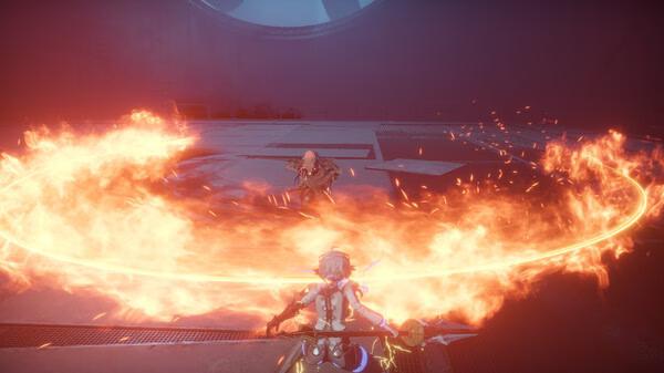 AI LIMIT screenshot: A character wields a flaming weapon in a dramatic battle stance against an enemy in a circular arena.
