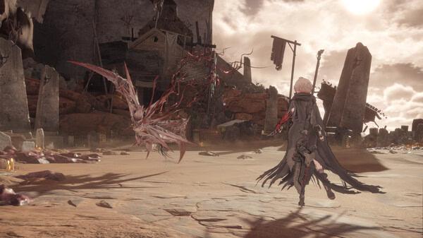 AI LIMIT screenshot: A character in a dark cloak faces a winged creature in a desolate, sunlit wasteland with ruins around.