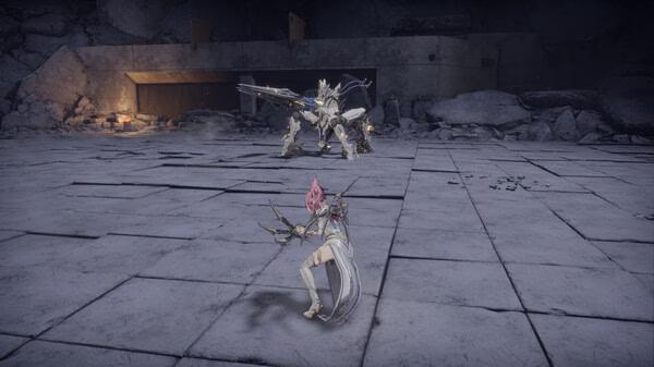 AI LIMIT screenshot: A character with pink hair fights a mechanical enemy in a desolate, stone-covered environment.