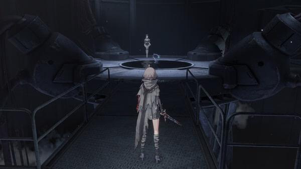 AI LIMIT screenshot: A character stands on a platform facing a robotic figure in a dark, industrial setting.