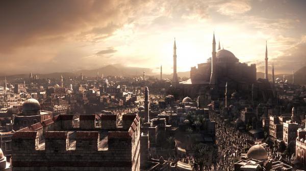 Screenshot from Sid Meier's Civilization V showing a detailed cityscape with the Hagia Sophia under a dramatic sky.